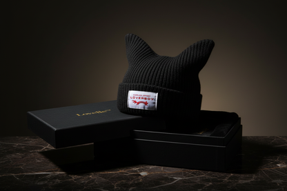 Lovelle™ Black Cat-Ear Hat & Packaging