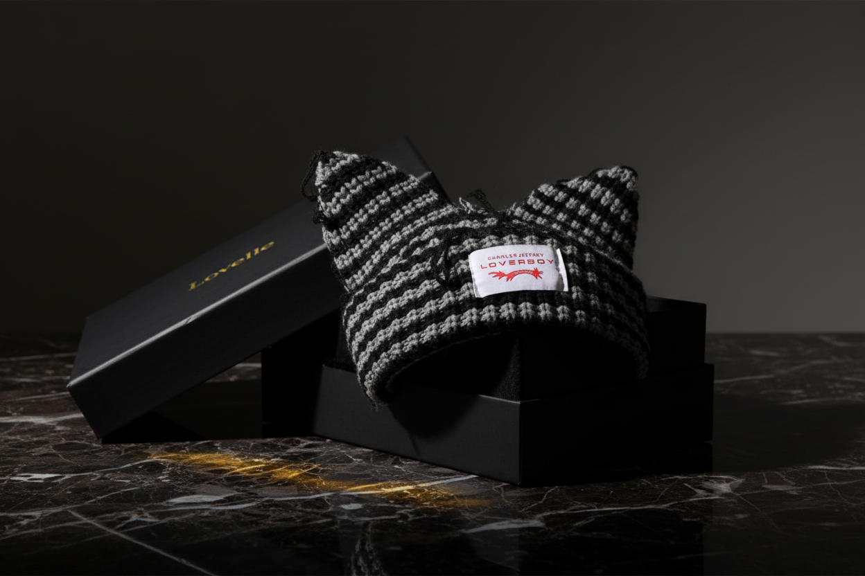Lovelle™ Grey & Black Crochet Cat-Ear Hat & Packaging