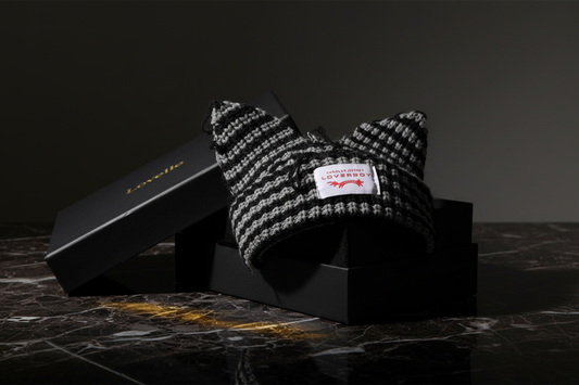 Lovelle™ Grey & Black Crochet Cat-Ear Hat & Packaging