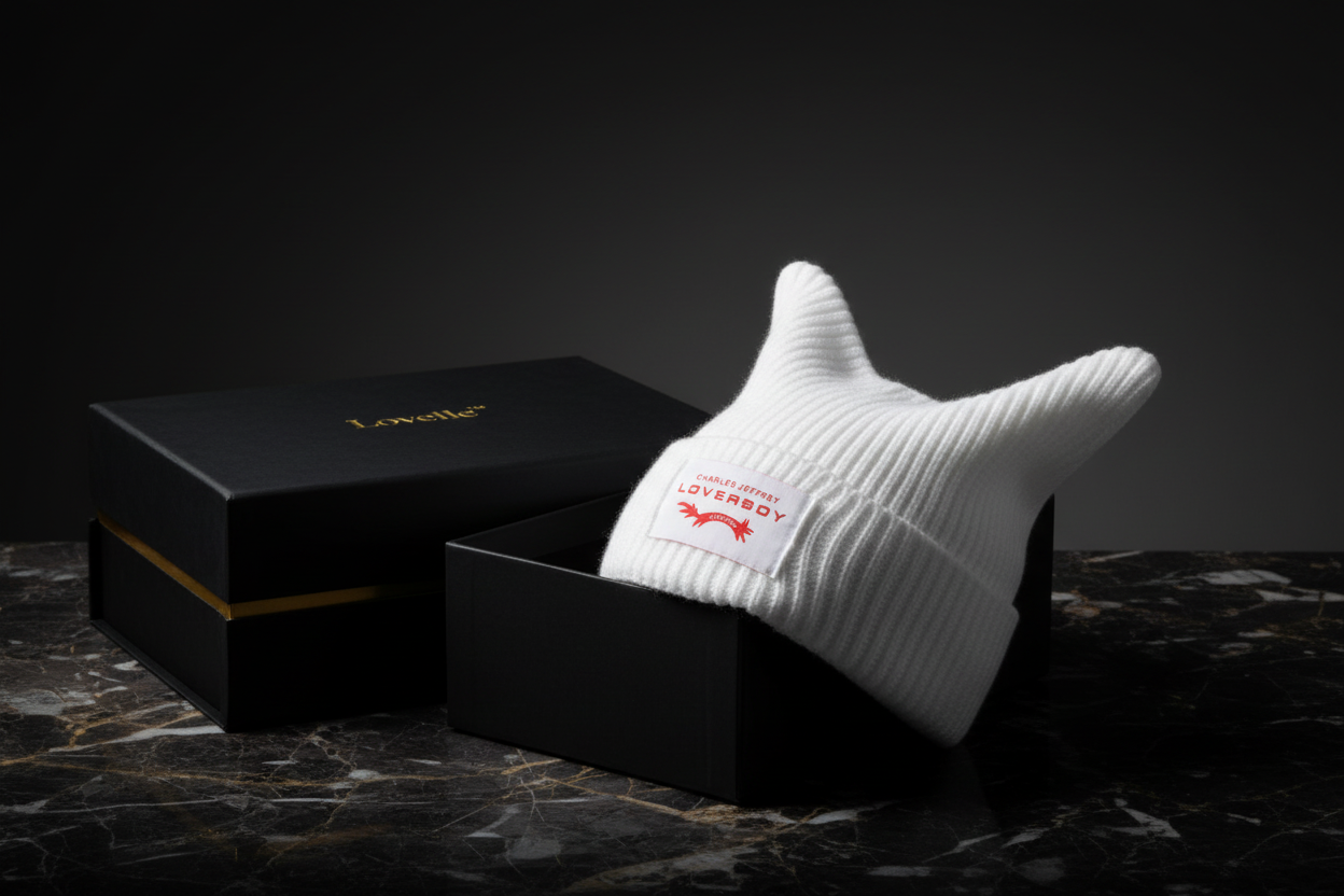 Lovelle™ White Cat-Ear Hat & Packaging