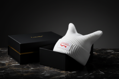 Lovelle™ White Cat-Ear Hat & Packaging