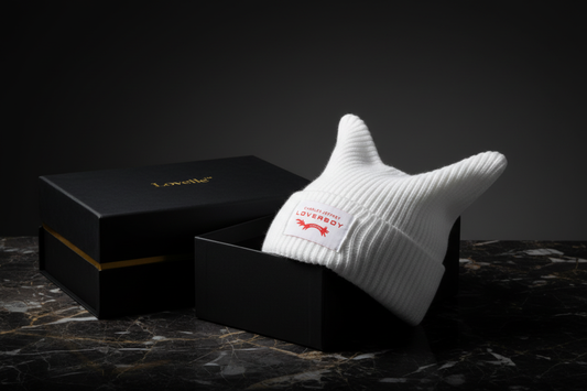 Lovelle™ White Cat-Ear Hat & Packaging