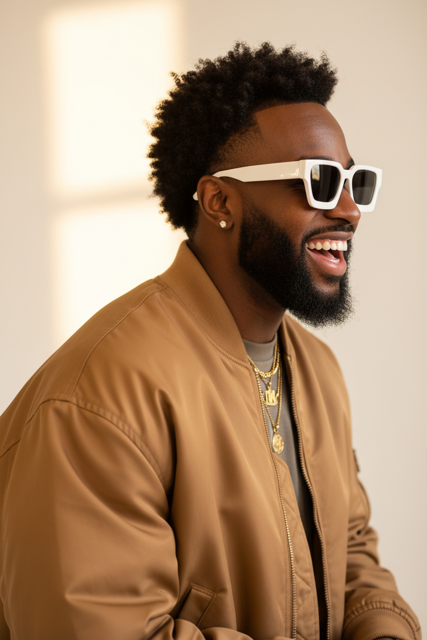 Lovelle White Square - Afro Side Profile Laugh