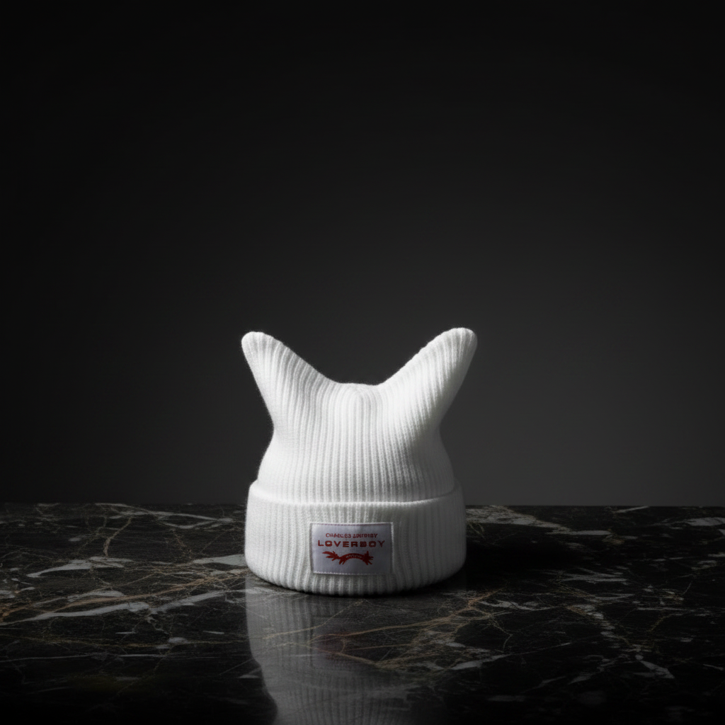 LOVERBOY Cat Ear Beanie White — Luxury Editorial