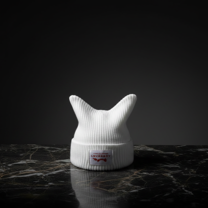 LOVERBOY Cat Ear Beanie White — Luxury Editorial